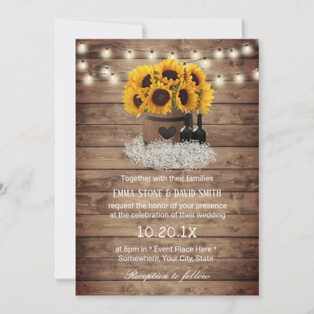 Convites Casamento Rustic Sunflower Wine Barrel Country (Frente)