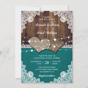 Convites Casamento Rustic Teal Barn Wood Burlap Lace