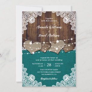 Convites Casamento Rustic Teal Barn Wood Burlap Lace