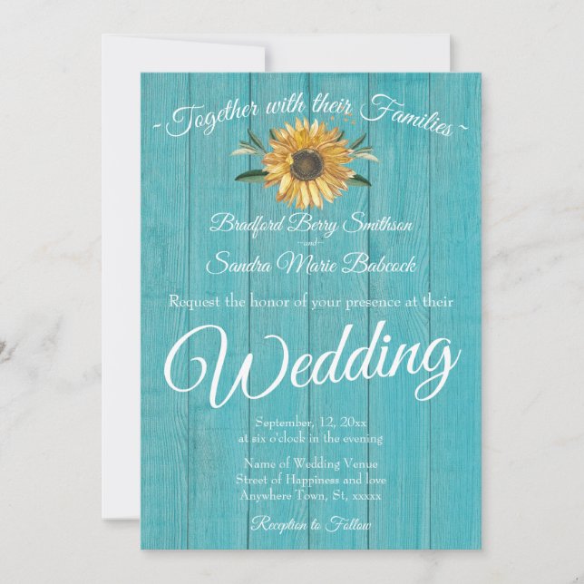 Convites Casamento Rustic Teal Blue Barn Wood Sunflower (Frente)