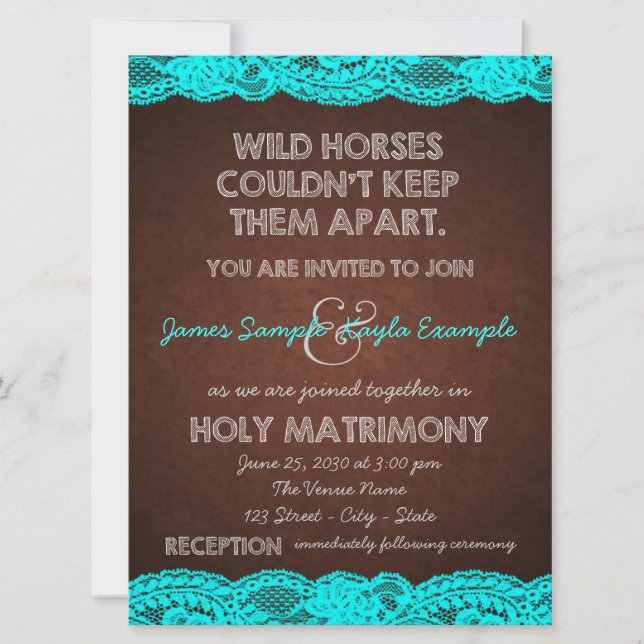 Convites Casamento Rustic Teal Blue e Brown Country (Frente)