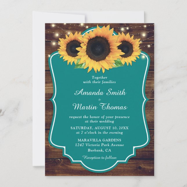 Convites Casamento Rustic Teal Sunflower Greenery (Frente)