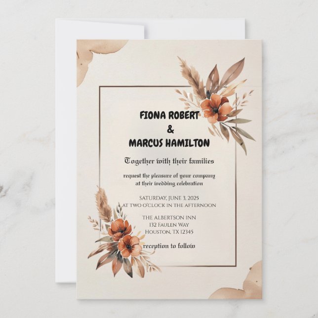 Convites Casamento Rustic Terracotta Florals & Pampas Grass (Frente)