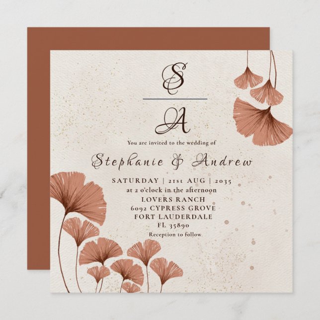 Convites Casamento Rustic Terracotta Ginkgo Foliage (Frente/Verso)