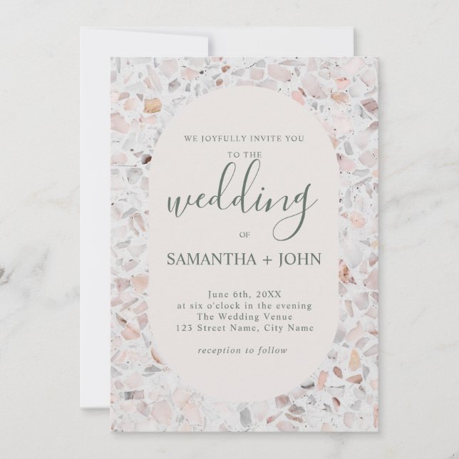 Convites Casamento Rustic Terrazzo Off White Modern Script (Frente)