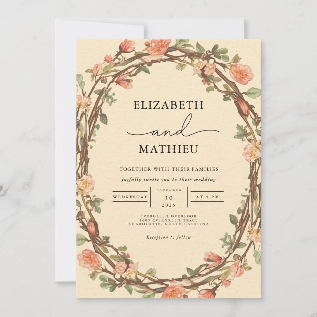 Convites Casamento Rustic Twig Blossom Frame (Frente)