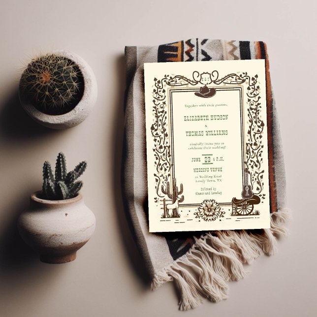 Convites Casamento Rustic Vintage Cowboy Western Sage Green (cowboy country western wedding invitation botanical frame sage green hat horse cactus rustic elegant)