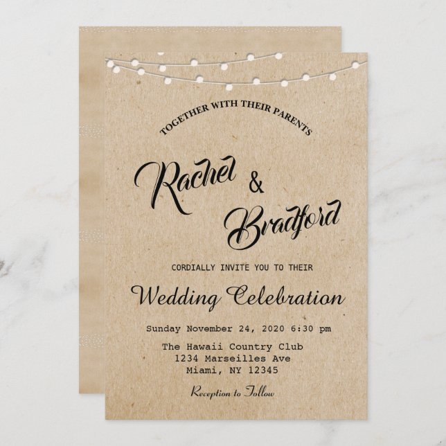 Convites Casamento Rustic Vintage String Luzes (Frente/Verso)