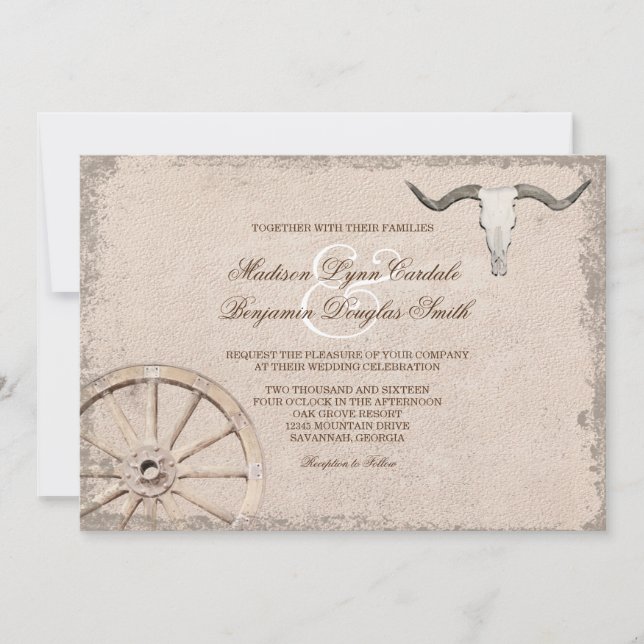 Convites Casamento Rustic Wagon Wheel Longhorn Cowboy (Frente)