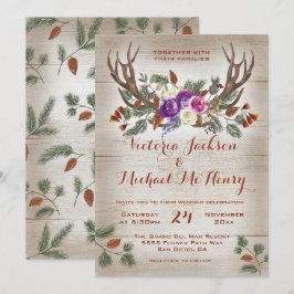 Convites Casamento Rustic Watercolor Antlers & Pine Branche