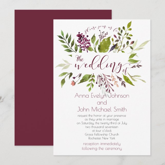 Convites Casamento Rustic Watercolor Berries | (Frente/Verso)