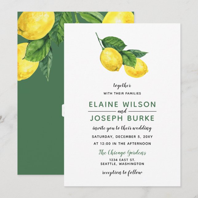 Convites Casamento Rustic Watercolor Citrus Lemon (Frente/Verso)
