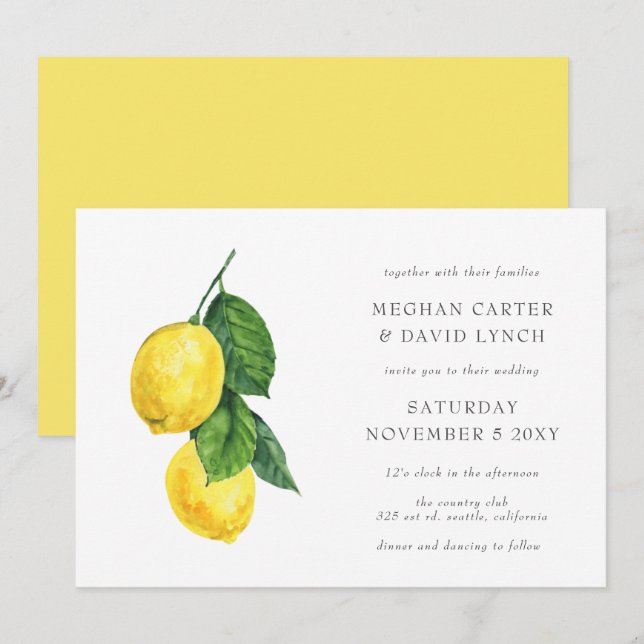 Convites Casamento Rustic Watercolor Citrus Lemon (Frente/Verso)