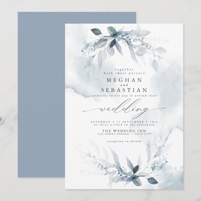 Convites Casamento Rustic Watercolor custo Foliage Azul Dus (Frente/Verso)