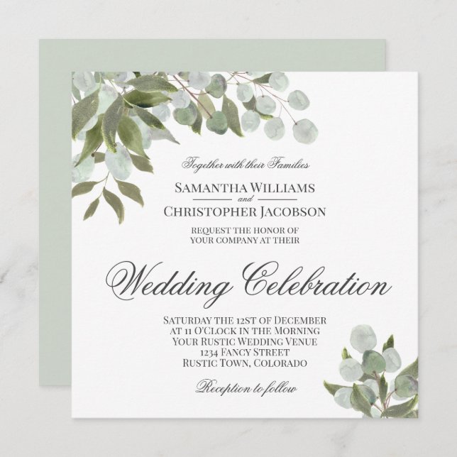 Convites Casamento Rustic Watercolor Eucalyptus & Greenery (Frente/Verso)