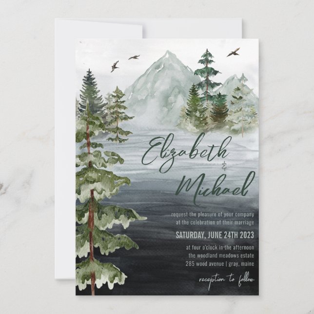 Convites Casamento Rustic Watercolor Evergreen Mountain (Frente)