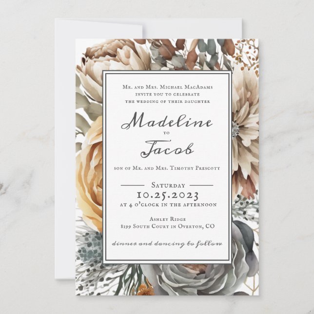 Convites Casamento Rustic Watercolor Floral Modern Script (Frente)