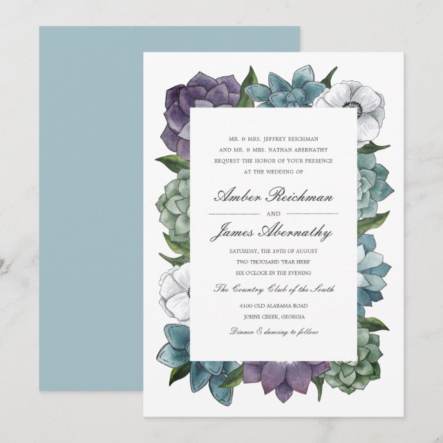 Convites Casamento Rustic Watercolor Floral Succulents (Frente/Verso)