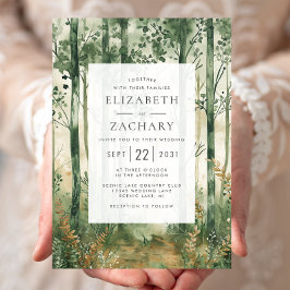 Convites Casamento Rustic Watercolor Floresta Dourada Verde