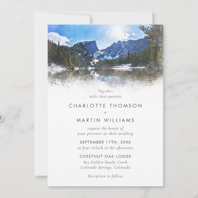 Convites Casamento Rustic Watercolor Lakeside Mountain (Frente)