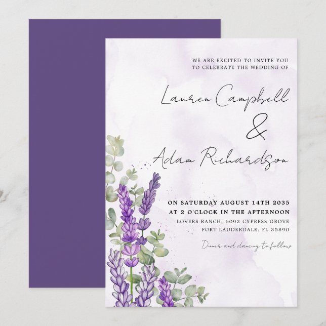Convites Casamento Rustic Watercolor Lavanda & Eucalyputus (Frente/Verso)