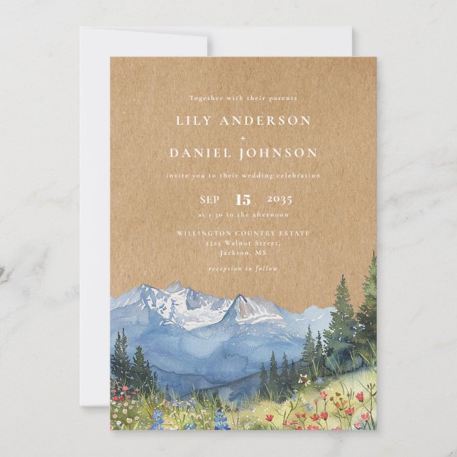 Convites Casamento Rustic Watercolor Mountain (Frente)
