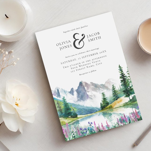 Convites Casamento Rustic Watercolor Mountain Elegante (Criador carregado)