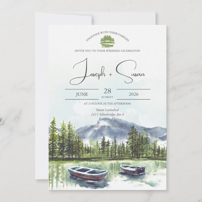 Convites Casamento Rustic Watercolor Mountain Lake Greenery (Frente)