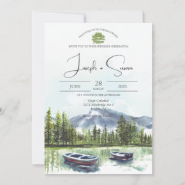 Convites Casamento Rustic Watercolor Mountain Lake Greenery