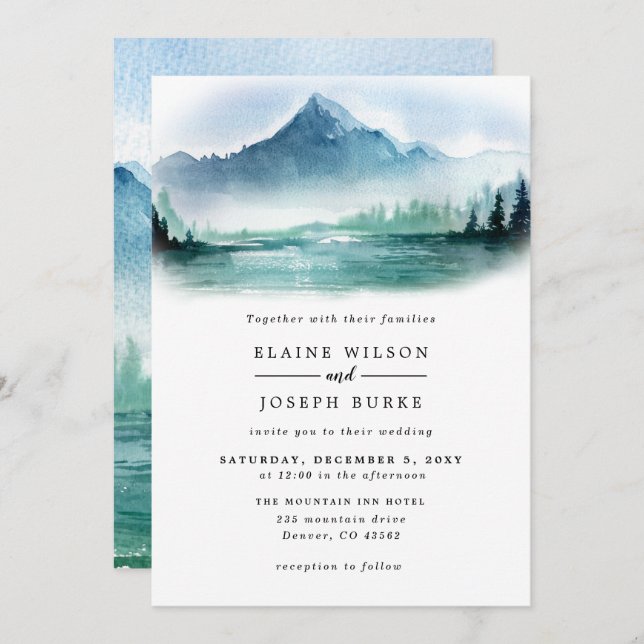 Convites Casamento Rustic Watercolor Pine Mountain Lake (Frente/Verso)