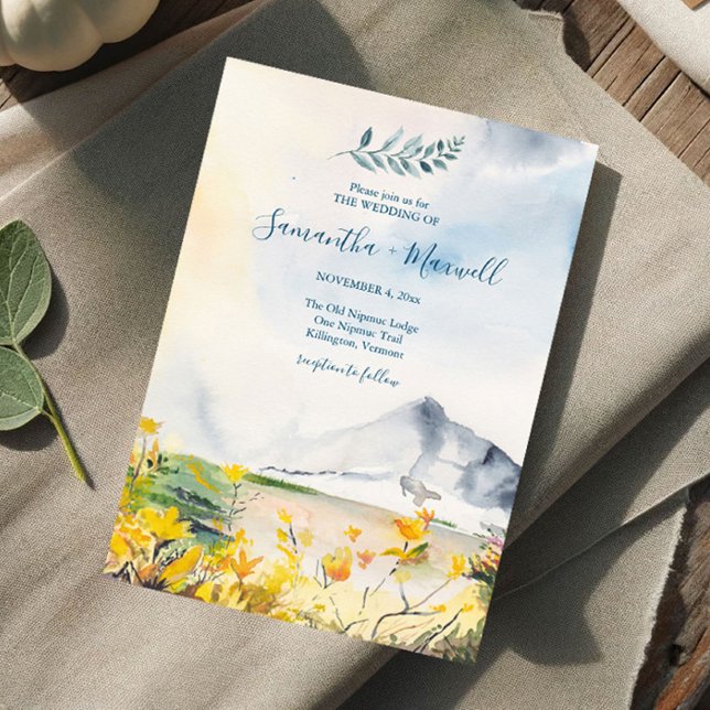 Convites Casamento Rustic Watercolor Primavera Mountain (Mountain wedding invitations features original watercolor art by Victoria Grigaliunas)