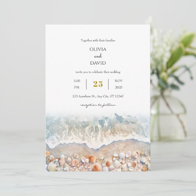 Convites Casamento Rustic Watercolor Shell White Sandy Beac (Em pé/Frente)