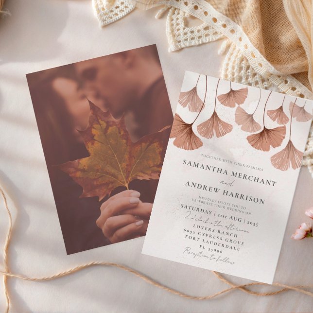 Convites Casamento Rustic Watercolor Terracotta Ginkgo (Criador carregado)