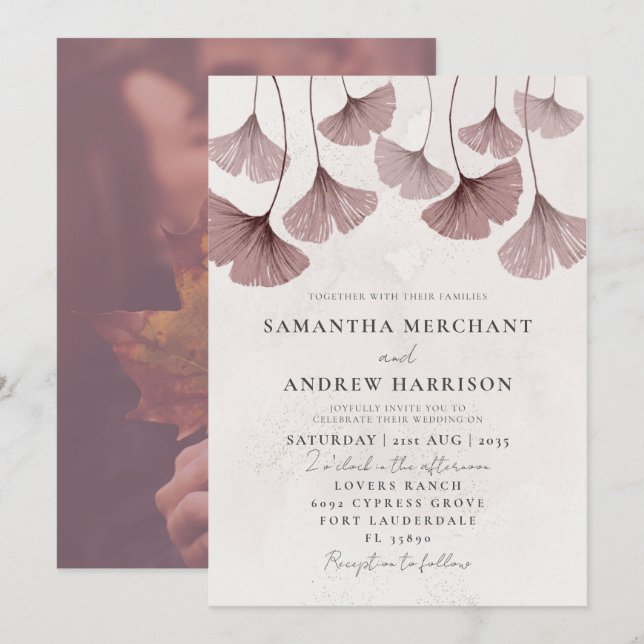Convites Casamento Rustic Watercolor Terracotta Ginkgo (Frente/Verso)