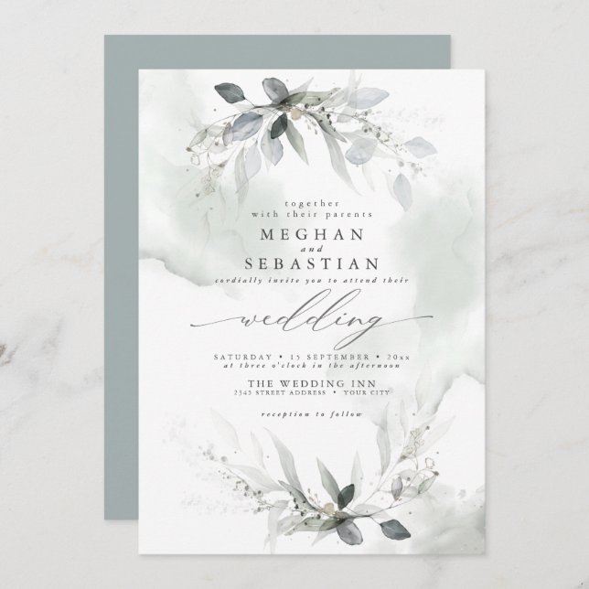 Convites Casamento Rustic Watercolor Verde Dusty Verde (Frente/Verso)
