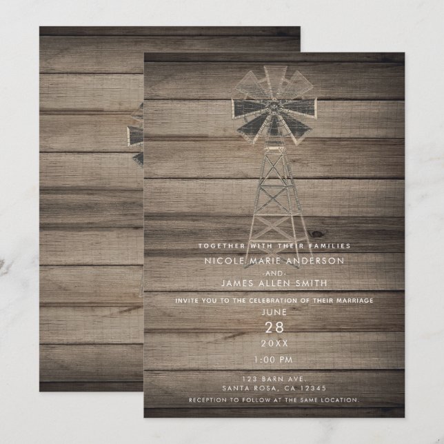Convites Casamento Rustic Weathered Wood Country Wind Mill (Frente/Verso)