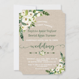 Convites Casamento Rustic White Floral Burlap com Escrita M