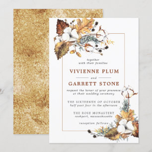 Convites Casamento Rustic White Floral Dourado Outono Deixa