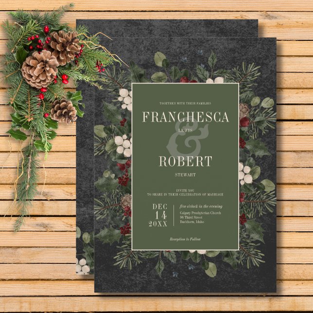 Convites Casamento Rustic Winter Berries & Pine Black (Rustic Winter Berries & Pine Black Wedding Invitation)