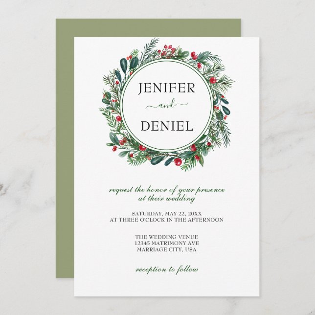 Convites Casamento Rustic Winter Berry Pine Greenery (Frente/Verso)