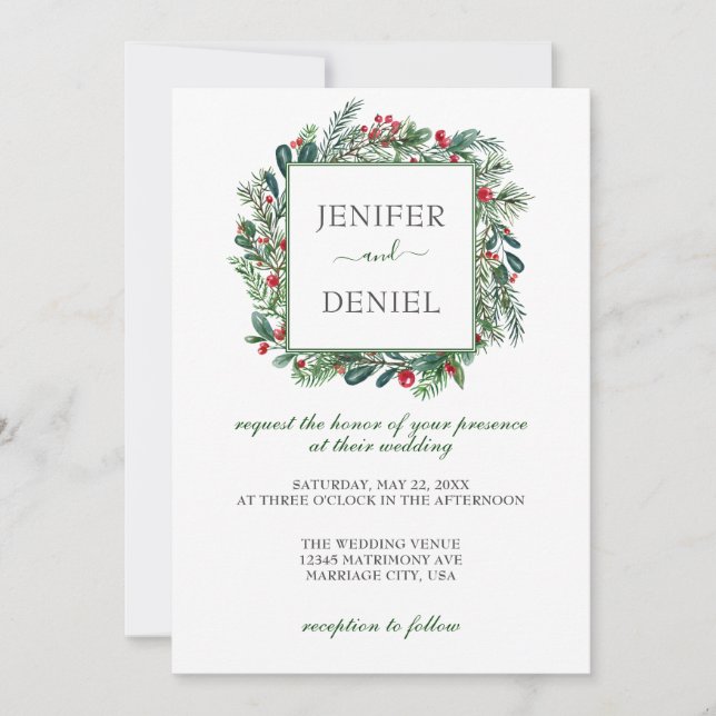 Convites Casamento Rustic Winter Berry Pine Greenery (Frente)