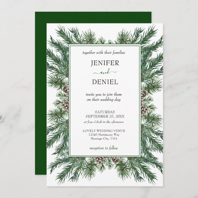 Convites Casamento Rustic Winter Berry Pine Greenery (Frente/Verso)