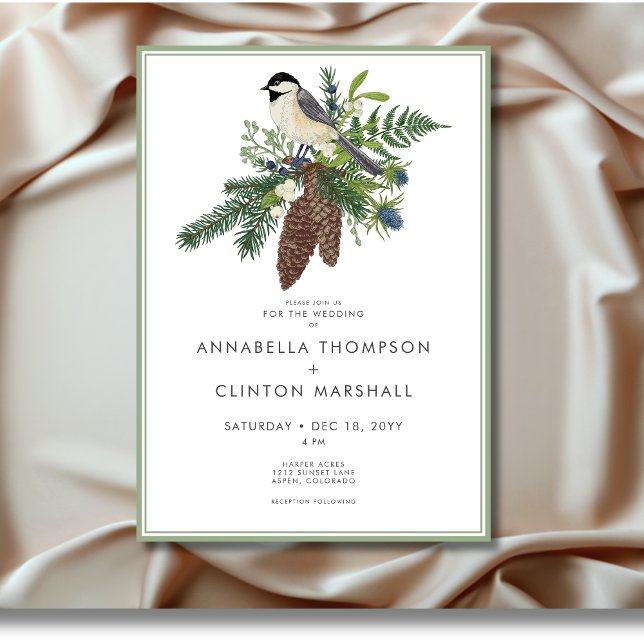 Convites Casamento Rustic Winter Bird & Pine Frame (Rustic Winter Bird & Pine Frame Wedding Invitation)