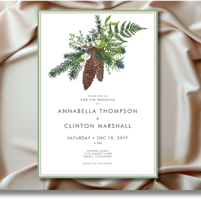 Convites Casamento Rustic Winter Pine & Berries Spray (Rustic Winter Pine & Berries Spray Wedding Invitation)
