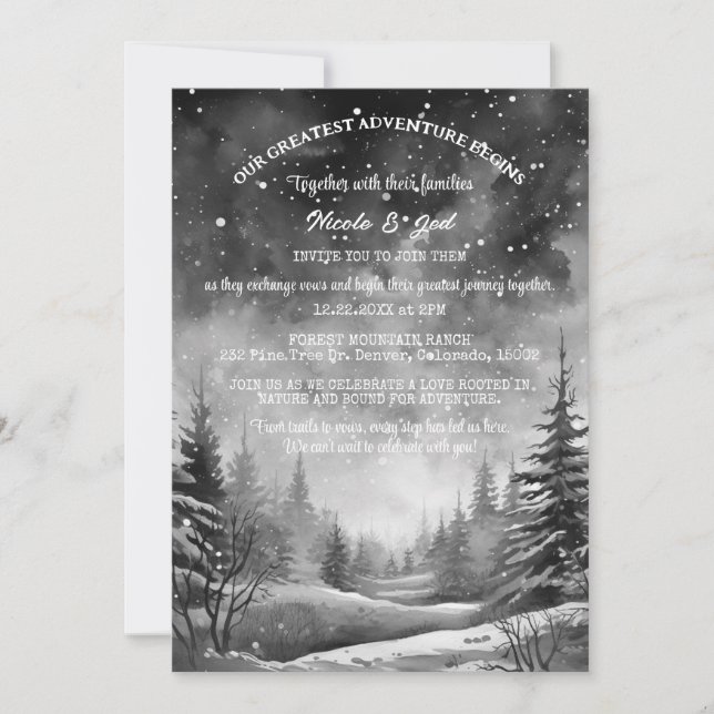Convites Casamento Rustic Winter Pine Tree Snow Outdoorsy (Frente)