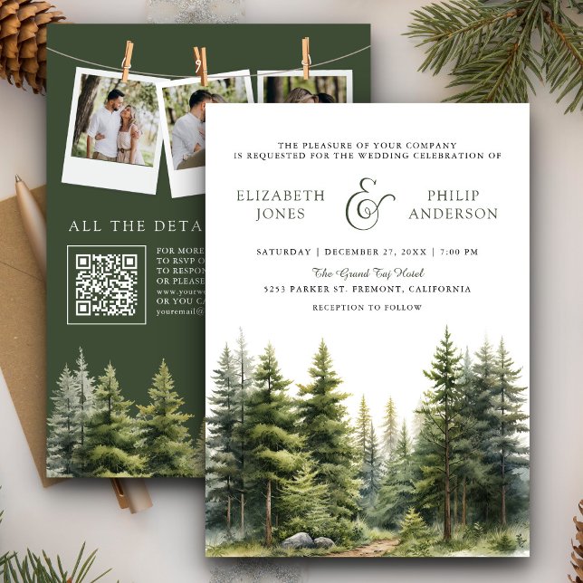 Convites Casamento Rustic Winter Pine Trees Forest Código Q (Criador carregado)
