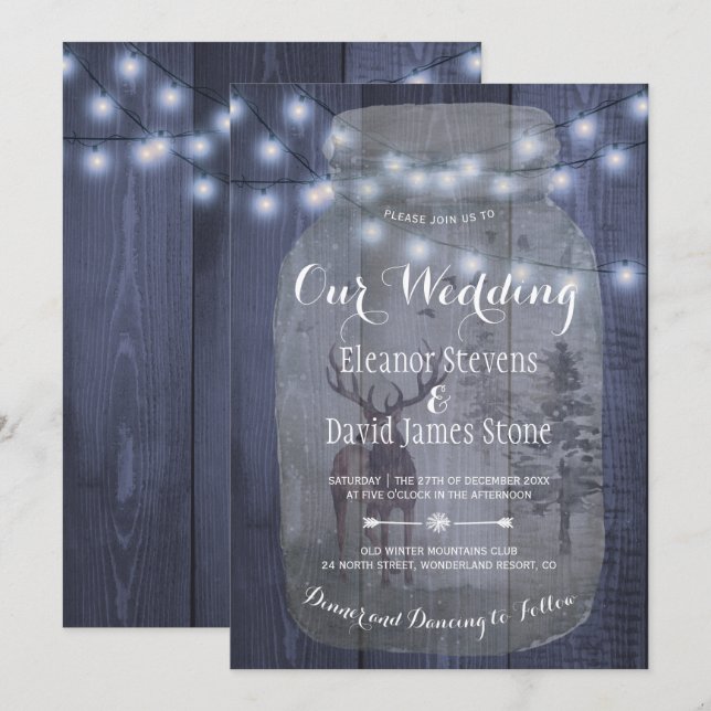 Convites Casamento Rustic Winter Wonderland Mason Jar Light (Frente/Verso)