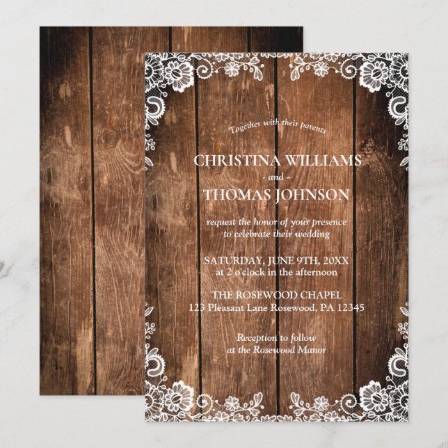 Convites Casamento Rustic Wood and Lace Country (Frente/Verso)
