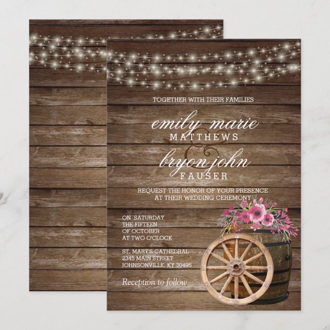 Convites Casamento Rustic Wood Barrel com Floral Rosa (Frente/Verso)