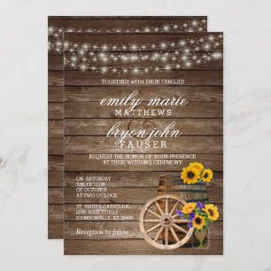 Convites Casamento Rustic Wood Barrel com Girassóis